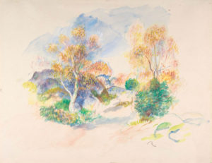 Landschaft mit Bäumen und einem Pfad, gemalt