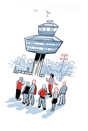 Illustration einer Menschengruppe vor dem Flughafen-Funkturm Alt-Tegel