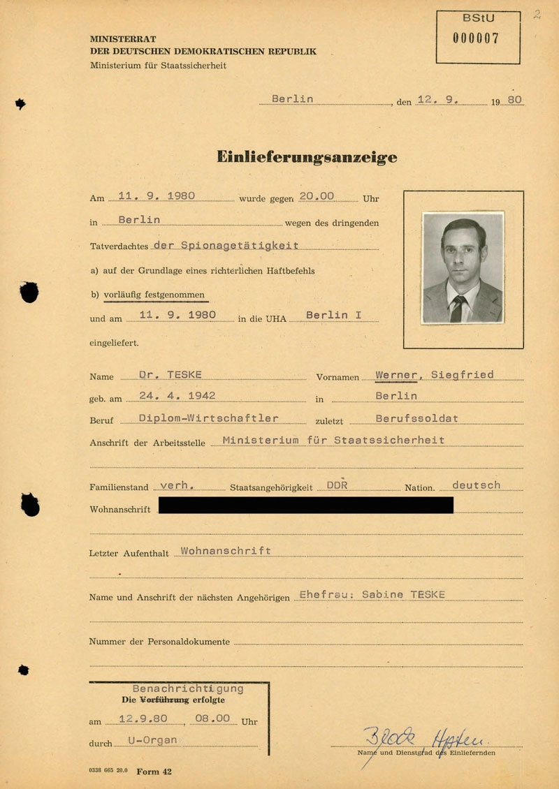 DDR-Behörden stellten Einlieferungsanzeige von Werner Teske
