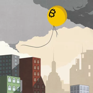 Illustration gelber Balon fliegt über Stadt
