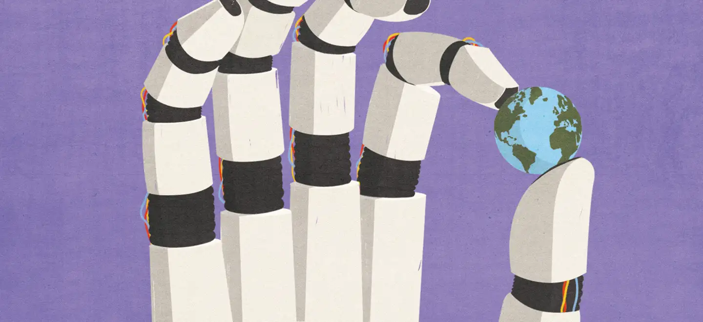 Illustrierte Roboterhand, die eine Weltkugel hält
