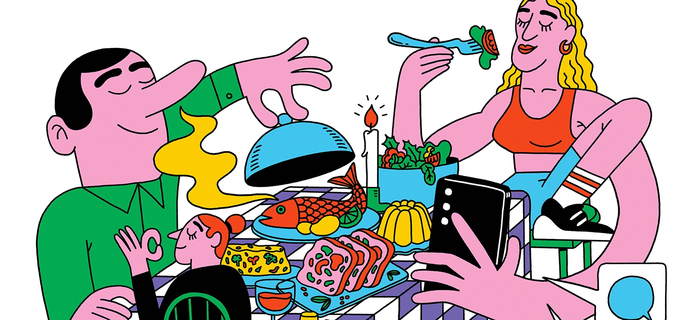 Illustration von Speisen und Getränken.