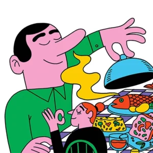 Illustration von Speisen und Getränken.