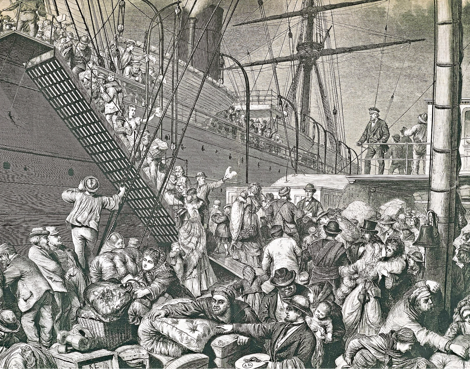 Eine Skizze zeigt deutsche Auswanderer, die sich auf ein Schiff begeben.