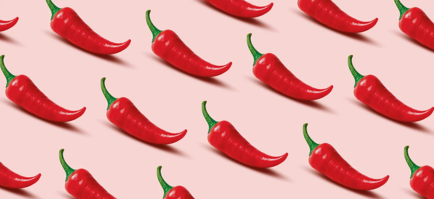 Illustration zeigt viele rote Chilis auf rosa Hintergrund.