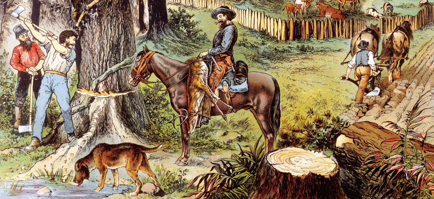 Eine zeitgenössische Illustration zeigt deutsche Siedler in Nordamerika.