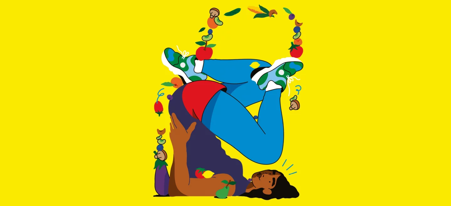 Eine Illustration von einer Person, die mit den Beinen Gemüse und Früchte jongliert.