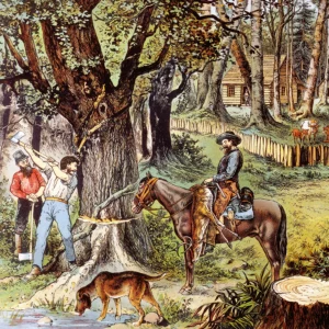 Eine zeitgenössische Illustration zeigt deutsche Siedler in Nordamerika.