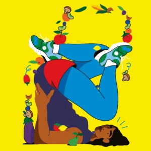 Eine Illustration von einer Person, die mit den Beinen Gemüse und Früchte jongliert.