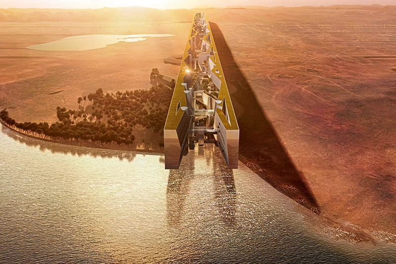 Grafik der futuristischen Wüstenstadt The Line in Saudi-Arabien.