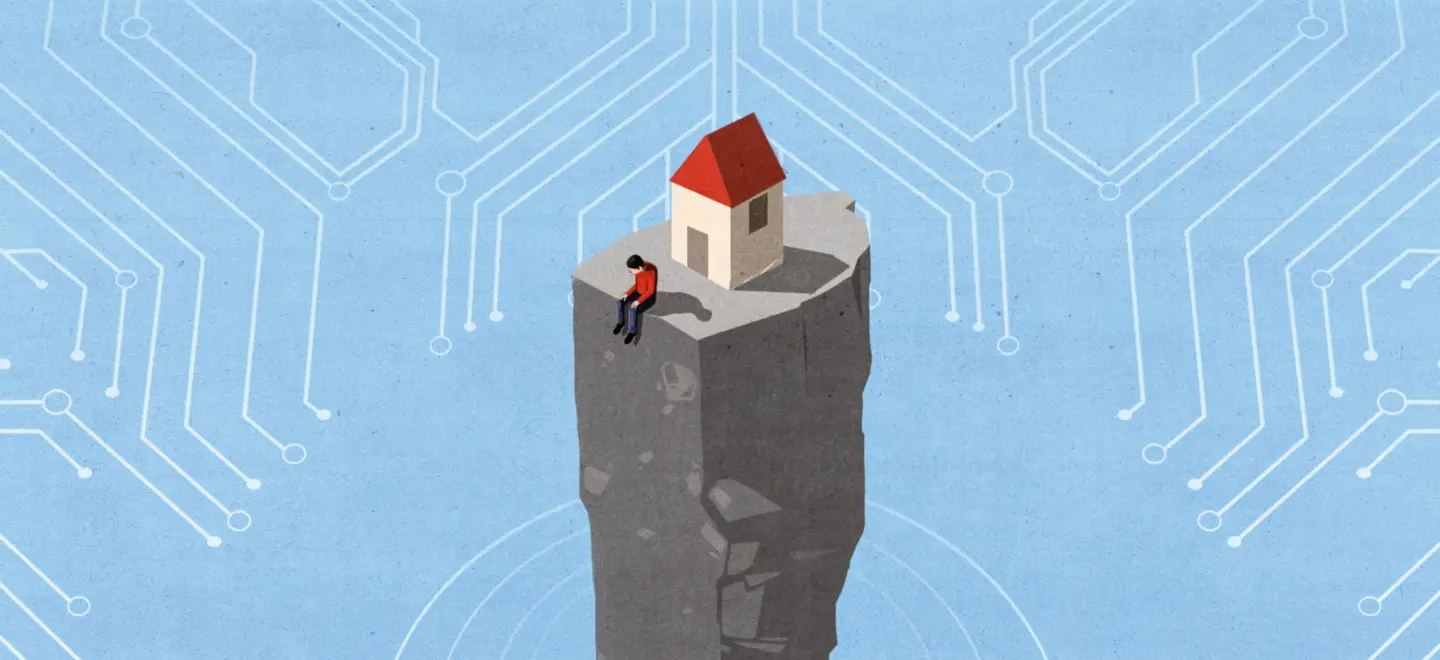 Illustration: isolierter Fels, auf dem ein Haus und ein Mann stehen