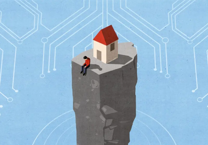 Illustration: isolierter Fels, auf dem ein Haus und ein Mann stehen