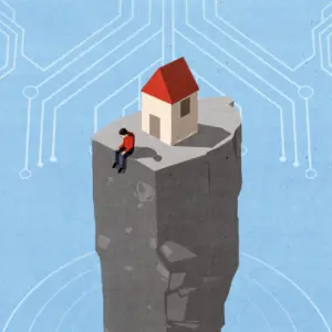 Illustration: isolierter Fels, auf dem ein Haus und ein Mann stehen
