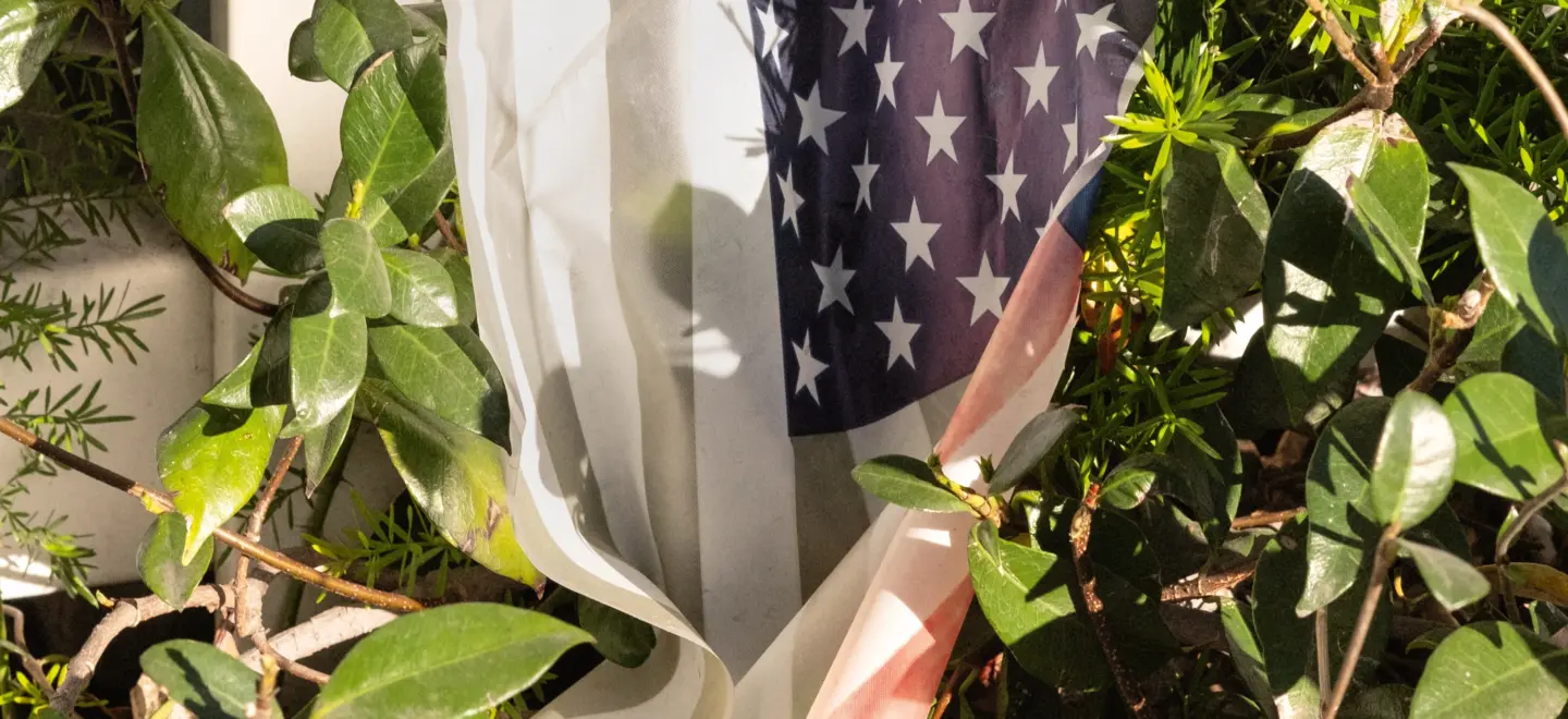 Eine US-Flagge in einem Vorgarten.