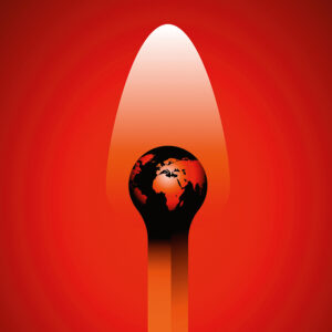 Eine Illustration zeigt den Erdball, der in Flammen steht.