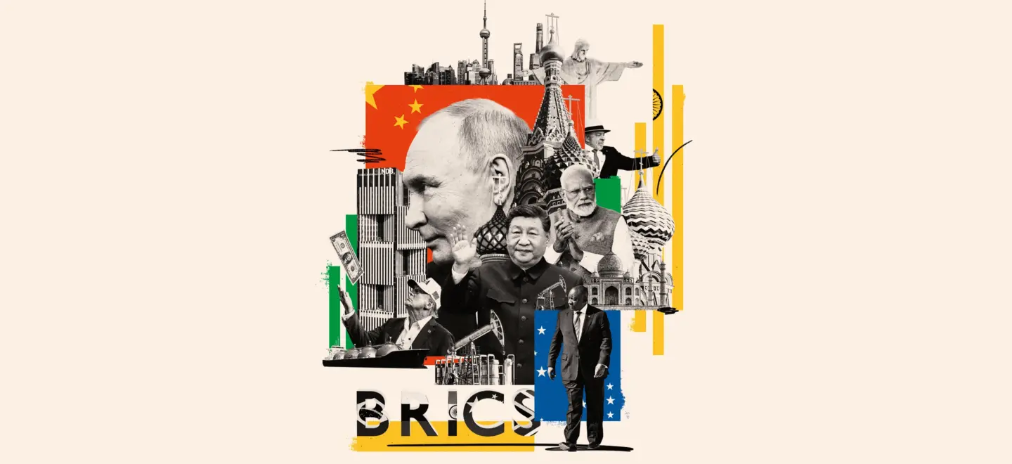 Eine Illustration von US-Präsident ­Donald Trump und den BRICS-Staats- und Regierungschefs: Luiz ­Inácio Lula da ­Silva, der Präsident von Brasilien, ­Wladimir ­Putin, der Präsident von Russland, ­Narendra Modi, der Premierminister Indiens, Xi Jinping, der Staatspräsident von China und ­Cyril Ramaphosa, Präsident von Südafrika.