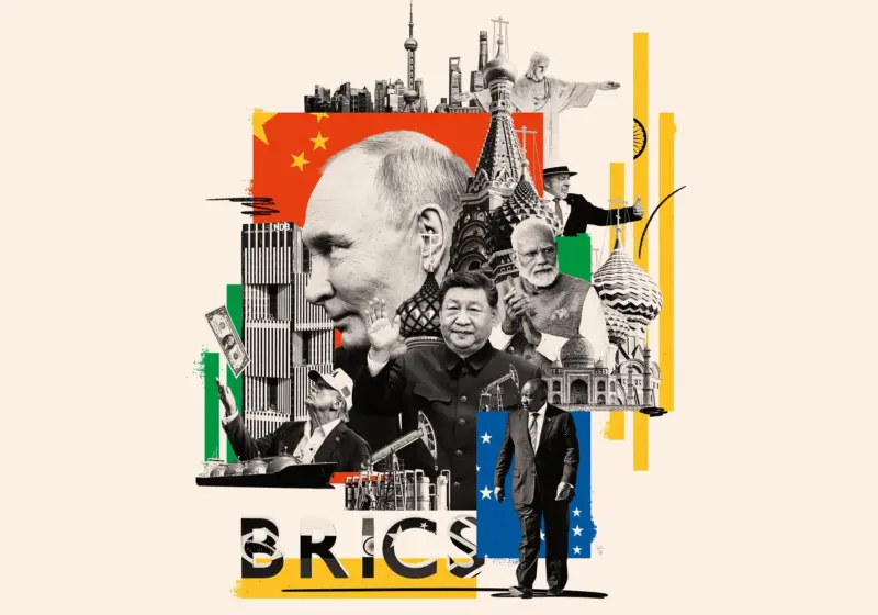 Eine Illustration von US-Präsident Donald Trump und den BRICS-Staats- und Regierungschefs: Luiz Inácio Lula da Silva, der Präsident von Brasilien, Wladimir Putin, der Präsident von Russland, Narendra Modi, der Premierminister Indiens, Xi Jinping, der Staatspräsident von China und Cyril Ramaphosa, Präsident von Südafrika.