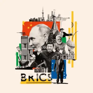 Eine Illustration von US-Präsident ­Donald Trump und den BRICS-Staats- und Regierungschefs: Luiz ­Inácio Lula da ­Silva, der Präsident von Brasilien, ­Wladimir ­Putin, der Präsident von Russland, ­Narendra Modi, der Premierminister Indiens, Xi Jinping, der Staatspräsident von China und ­Cyril Ramaphosa, Präsident von Südafrika.